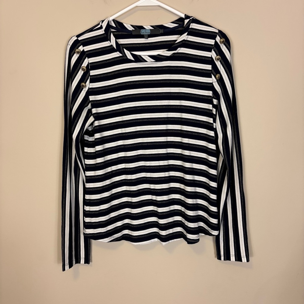 Eva Franco Navy & White Striped Long Sleeve Top Medium